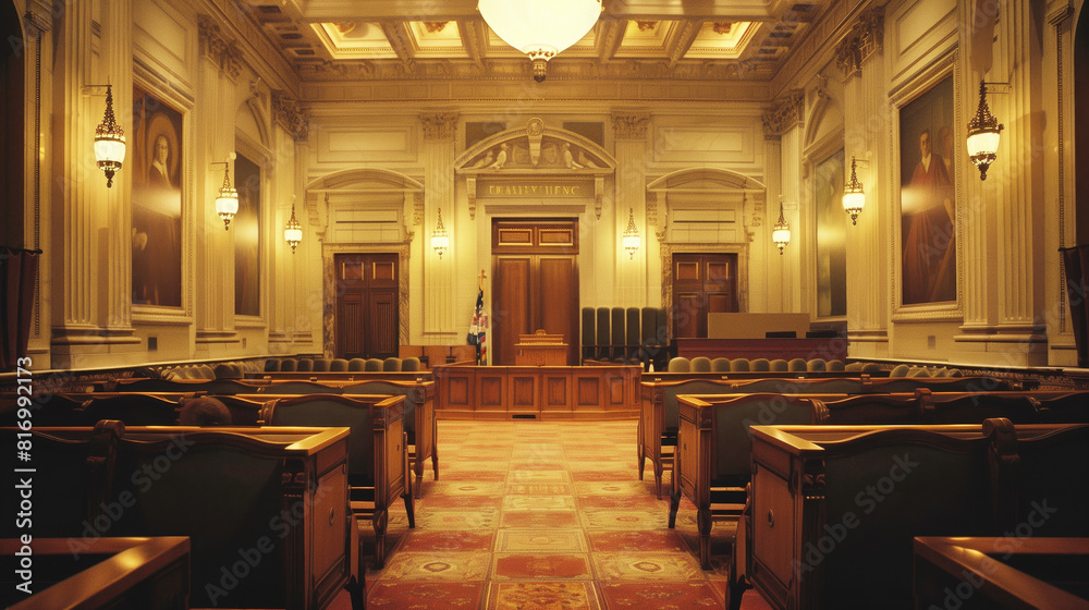 Elegant and spacious courtroom with ornate woodwork, chandeliers, large paintings, and rows of empty chairs facing the judge's bench at the front.