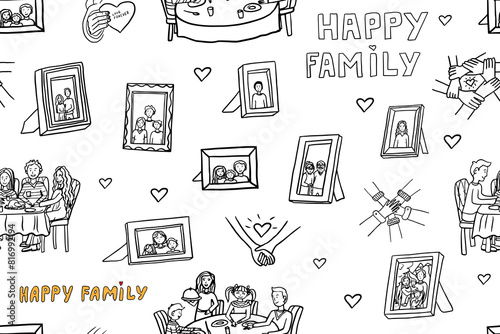 Seamless pattern of happy family, family having dinner, framed family photo, picture frames with family portraits, framed sketches of family members. Hand drawn. Doodle style