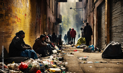 People sitting in a street full of garbage - AI generated photo