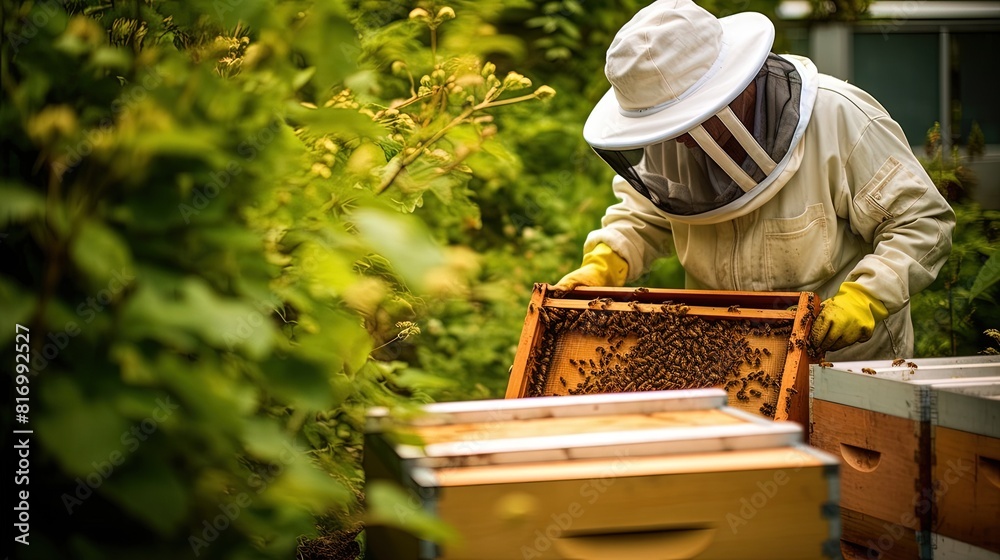 Working in harmony with nature, the beekeeper ensures the hive's stability and growth. Working in harmony with nature, the beekeeper ensures the hive's stability and growth.