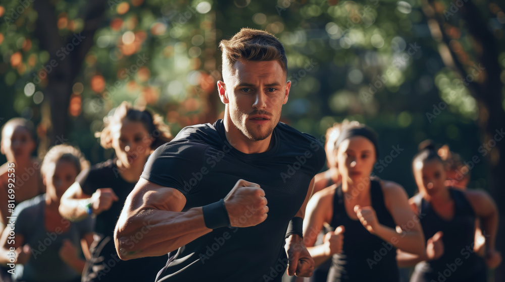 A group of focused athletes, led by a determined man in the forefront, running together outdoors through a park setting during a fitness training session.