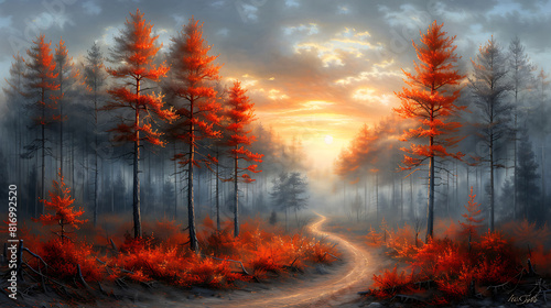 Autumn forest path. Orange tree in autumn city park, red brown maple leaves. Natural landscape.