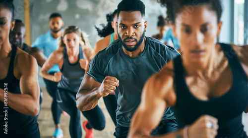 A group of determined individuals participating in an intense fitness class, focusing on their workout routines in a gym environment.