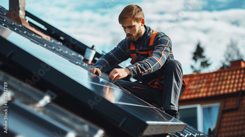 A technician in a plaid shirt and safety harness working on installing solar panels on a residential rooftop, ensuring proper alignment and connection. photo