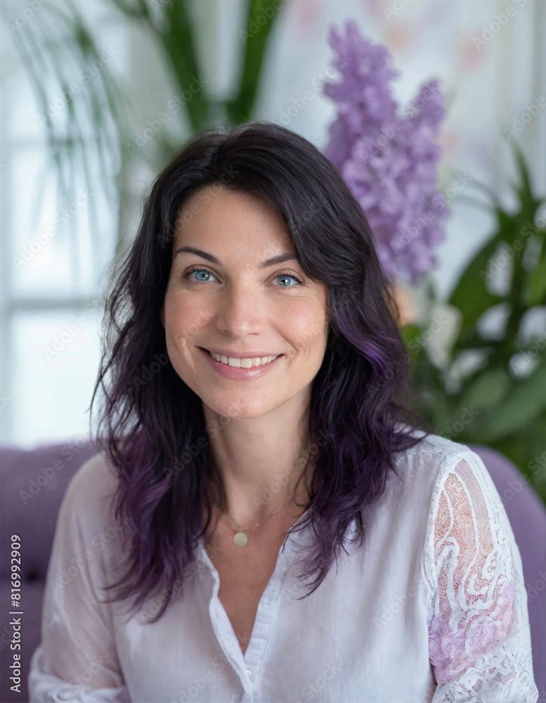 Young woman smiling portrait - lavender - AI generated Young woman smiling portrait - lavender - AI generated
