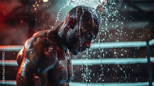 Boxer cooling off with water over his head after intense rounds, captured in a high-resolution indoor sports photo photo