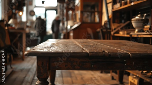 A vintage wooden table in a dimly lit antique shop  