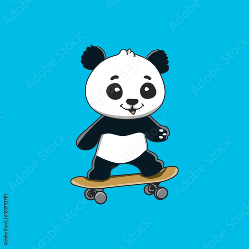 Cute Panda Play Skateboard Vector Icon Illustration. Panda Mascot Cartoon Character. Animal Icon Concept White Isolated. Flat Cartoon Style Suitable for Web Landing Page, Banner, Flyer, Sticker, Card