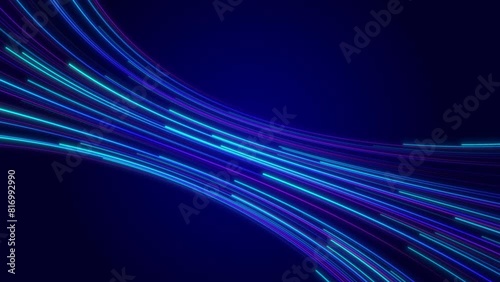 Curved neon light streaks on a deep blue background, creating a sense of motion and speed.