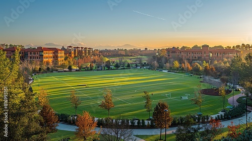 A panoramic view of a school campus with buildings, athletic fields, and green spaces, representing the diverse environments and opportunities that schools provide for students.illustration image photo