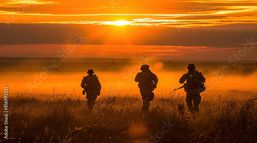 Silhouettes of several infantrymen patrolling the area.