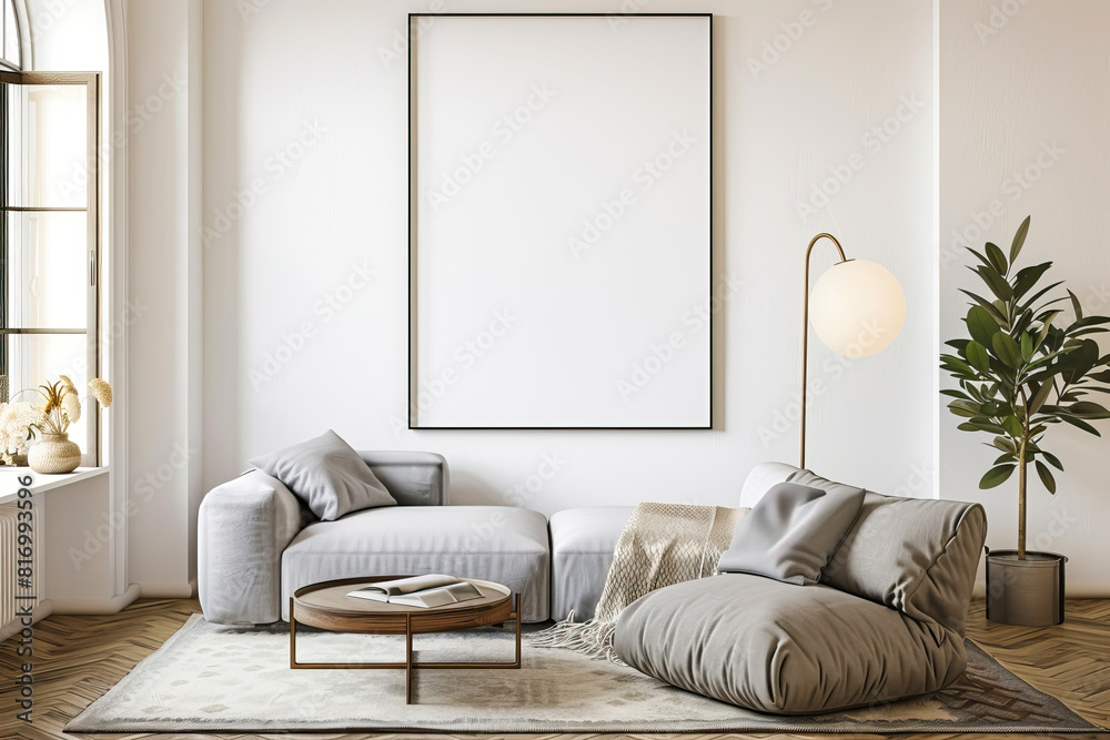 Poster mockup on the living room wall. Modern interior design in Scandinavian style.. Poster mockup on the living room wall. Modern interior design in Scandinavian style..