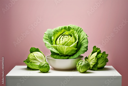 Cabbage vibrant green leaves arranged in a symmetrical pattern on white pedestal surrounding. Generative AI