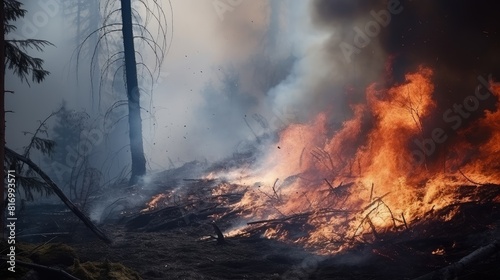 Explore the haunting beauty of a burning horizon as a forest fire engulfs the landscape, leaving an indelible mark on nature. photo