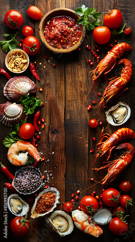 Top view of sea foods super foods  in a wood table  empty space un the middle for text_40