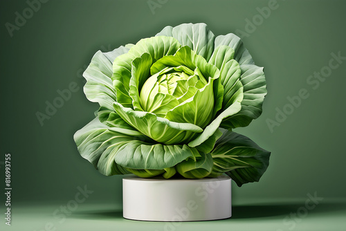 Cabbage vibrant green leaves arranged in a symmetrical pattern on white pedestal surrounding. Generative AI