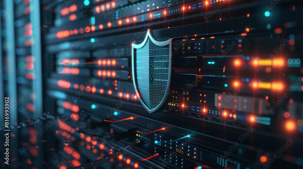 Digital data protection shield icon over a computer and server Digital data protection shield icon over a computer and server
