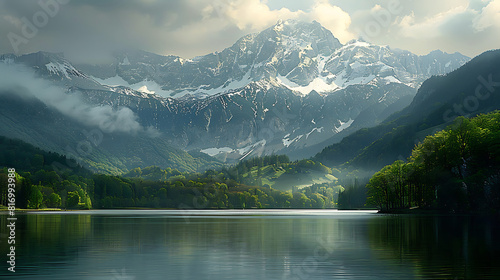 Summer lake background on green natural landscape