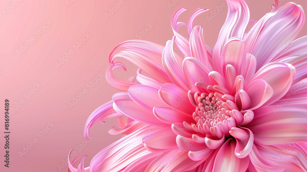 A pink chrysanthemum flower in 3D surreal style on a plain pink background with copy-space for text. Background series for summer and spring floral.