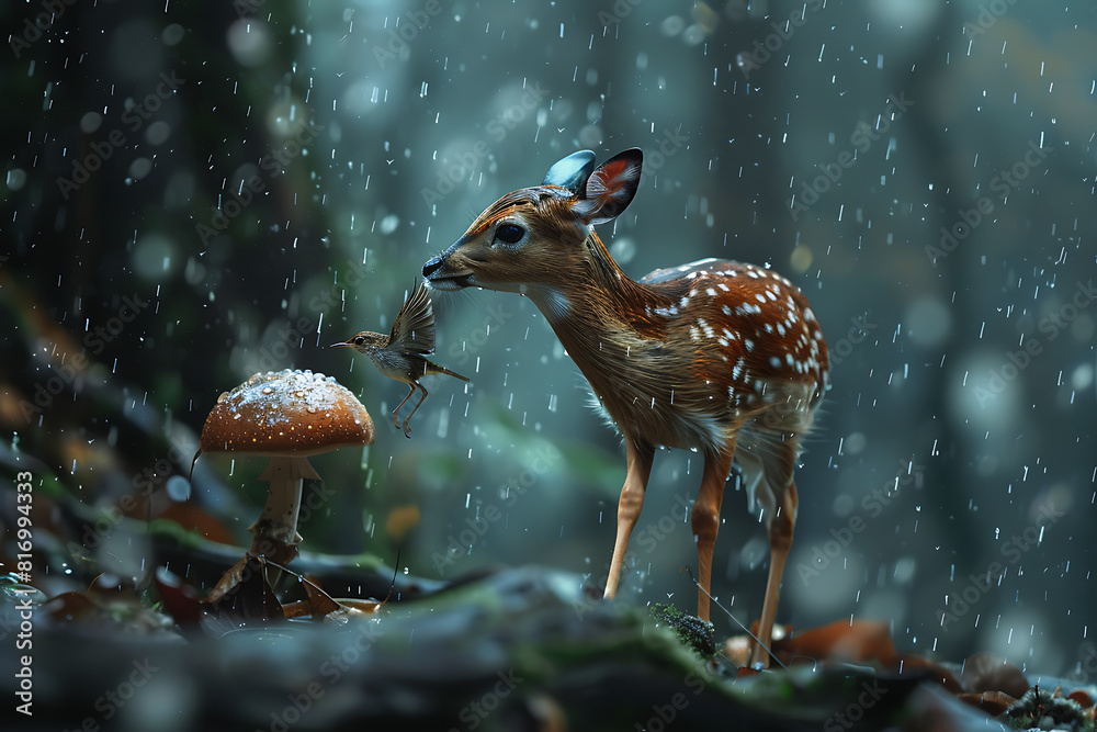 Various wildlife animals thriving amidst gentle rain, capturing the beauty and resilience of nature. Various wildlife animals thriving amidst gentle rain, capturing the beauty and resilience of nature.
