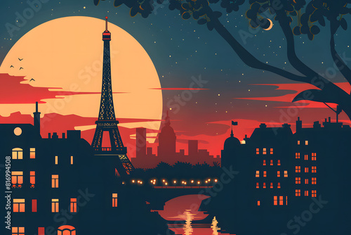 Flat illustration of skyline of Paris. Eiffel tower and buildings by night. photo