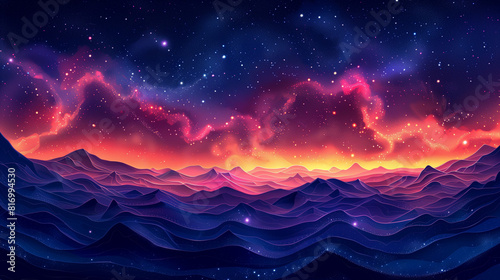 Beautiful sunset or sunrise illustration of gradient lights in the starry dark sky over an endless wavy ocean