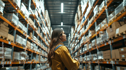 A woman in a yellow jacket stands in the center of a vast warehouse, looking up at tall shelves filled with boxes and packages, illuminated by overhead lighting.