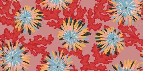 Chrynanthemums. Stylized fantasy flowers and leaves in Japanese style vector seamless pattern spring motifs ornament. Retro style.