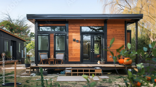 A modern tiny house with a wooden exterior and black trim, featuring large windows and a small deck with two chairs and a table. Surrounding the house is a garden with plants and orange trees.