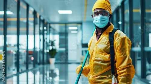 A sanitation worker wearing a protective mask, gloves, and yellow hazmat suit is holding a mop in a polished, modern building hallway. photo