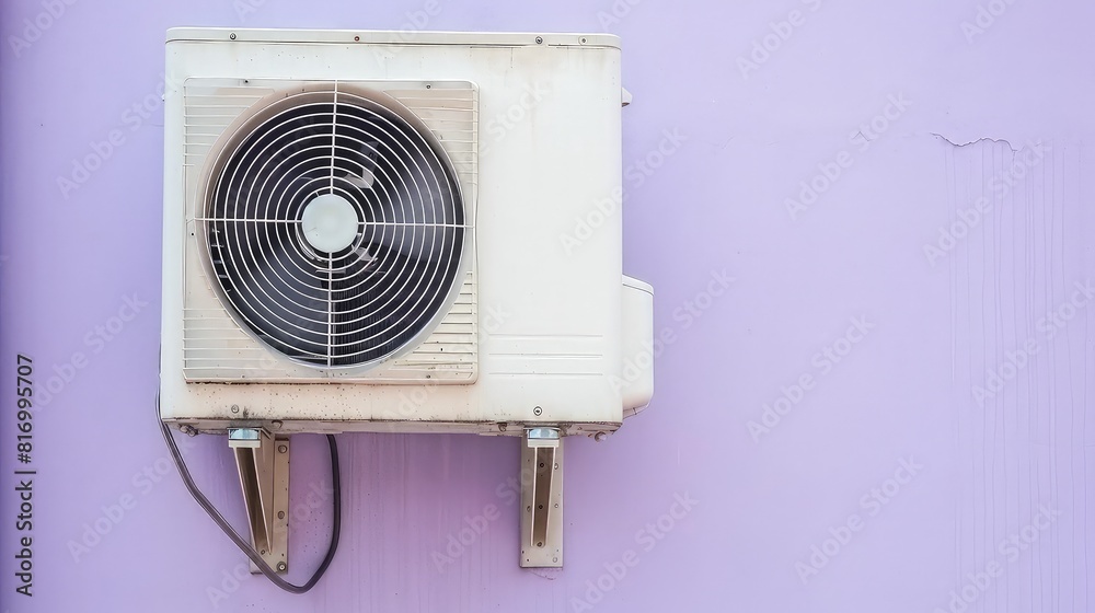 Fototapeta premium Futuristic design, powerful performance: Experience the best of both worlds with this air heat pump. Air heat pump for cooling or heating a house on the wall of a building.