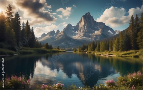 Beautiful alpine lake in the mountains. Wonderful summer landscape.