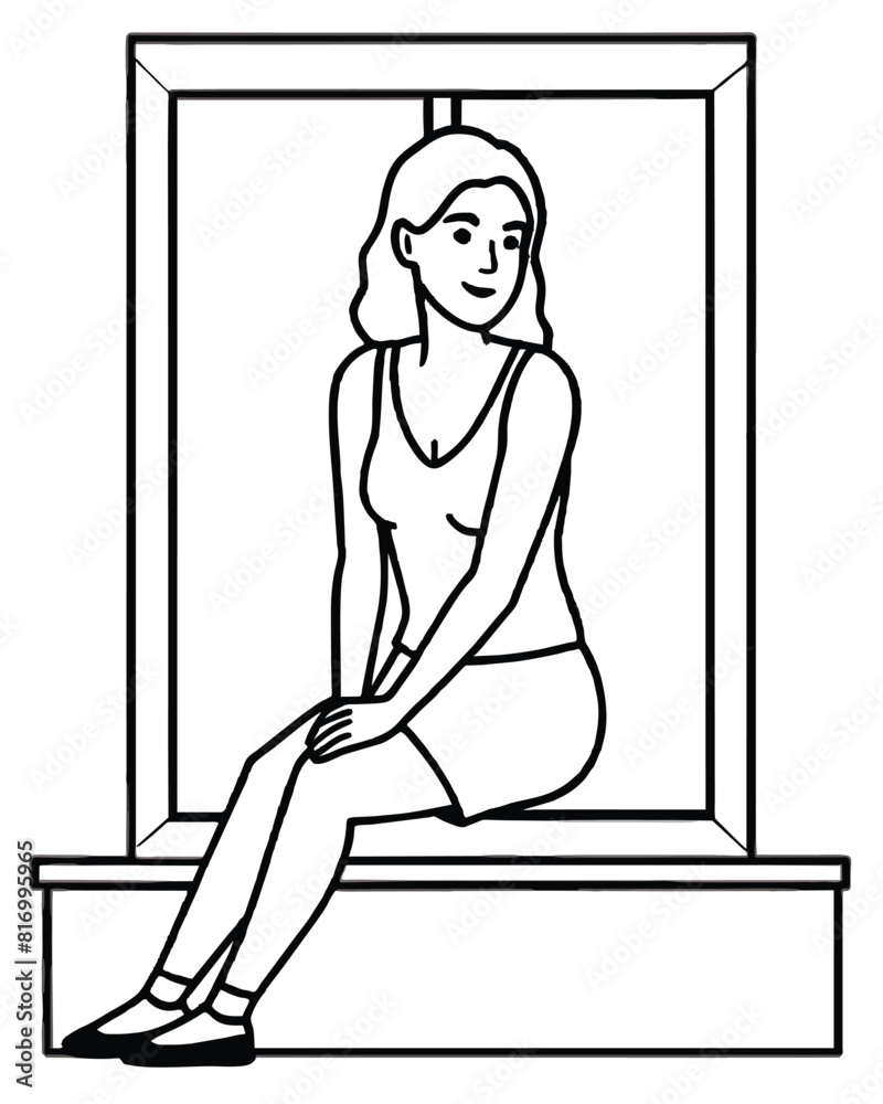 Girl sitting in front of a black and white window- Girl sitting in front of a black and white window-