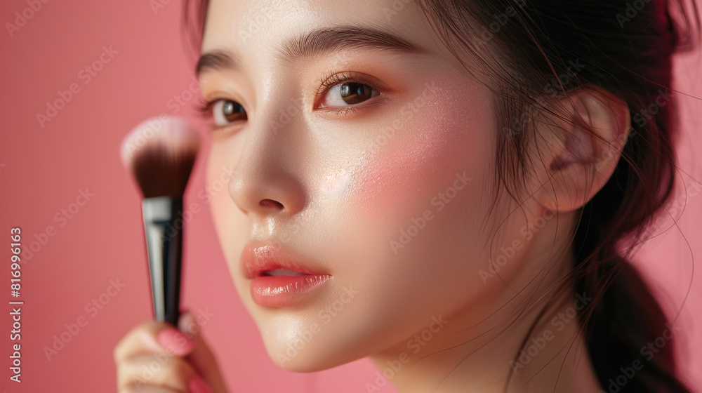 closeup of korean woman or fashion model doing her makeup with makeup brush , beauty salon concept, makeup parlour, cosmetic concept, closeup of korean woman or fashion model doing her makeup with makeup brush , beauty salon concept, makeup parlour, cosmetic concept,