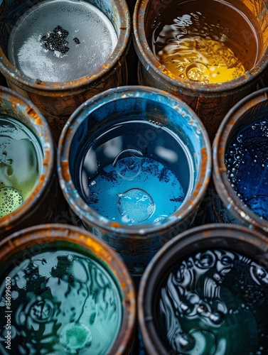 rusty paint cans with colorful paint inside