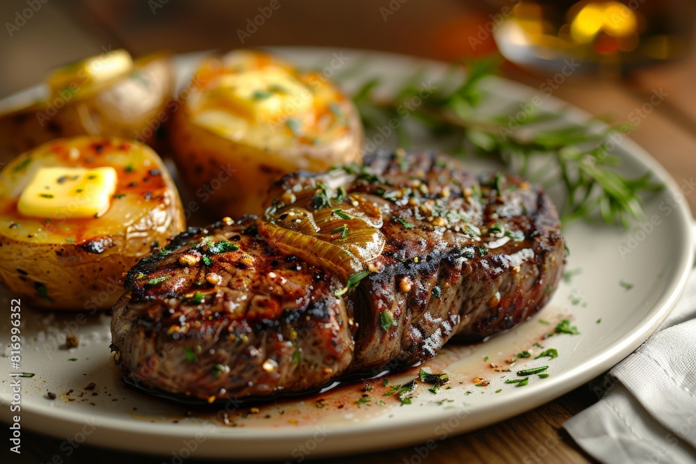 Beef Steak, Juicy grilled steak topped with melting butter and herbs, flanked by golden roasted potatoes on a ceramic plate, hints at a warm, indulgent meal set in a cozy dining atmosphere. Beef Steak, Juicy grilled steak topped with melting butter and herbs, flanked by golden roasted potatoes on a ceramic plate, hints at a warm, indulgent meal set in a cozy dining atmosphere.