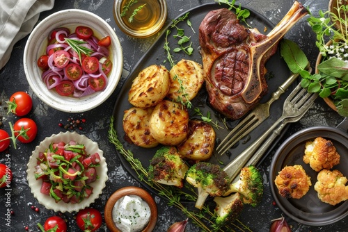 Elegant food arrangement on dark plate, grilled lamb chops with seared potatoes, roasted cauliflower, fresh salad, served with garlic sauce and surrounded by fresh vegetables.