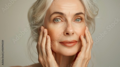 Elegant Senior Woman with Hands on Face  Embracing Natural Beauty and Aging Gracefully 