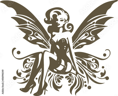 Stencil vector graphic of an enchanting fairy in pin-up style with wings