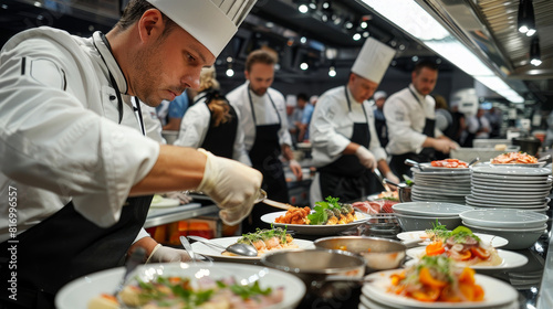 Professional chefs meticulously preparing gourmet dishes in a competitive kitchen setting
