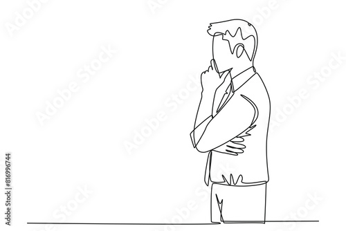 Single continuous line drawing of young male worker seriously staring out of the window from office building. Focus thinking on company growth concept. One line draw graphic design vector illustration