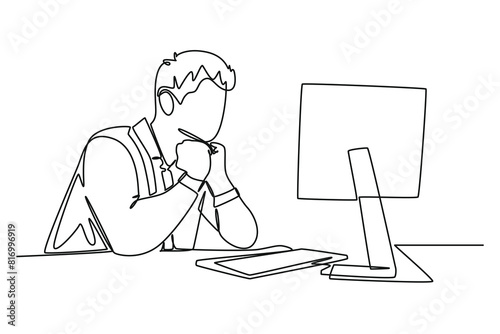 Single continuous line drawing young male manager sitting on his chair and thinking seriously watching the computer screen. Business analyze concept. One line draw graphic design vector illustration