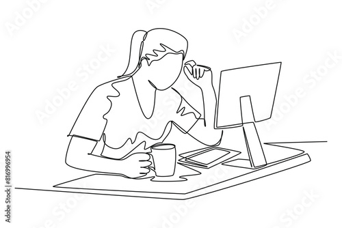 Single one line drawing of young female employee staring at laptop and thinking for business innovation ideas. Drinking coffee or tea concept. Continuous line draw design graphic vector illustration