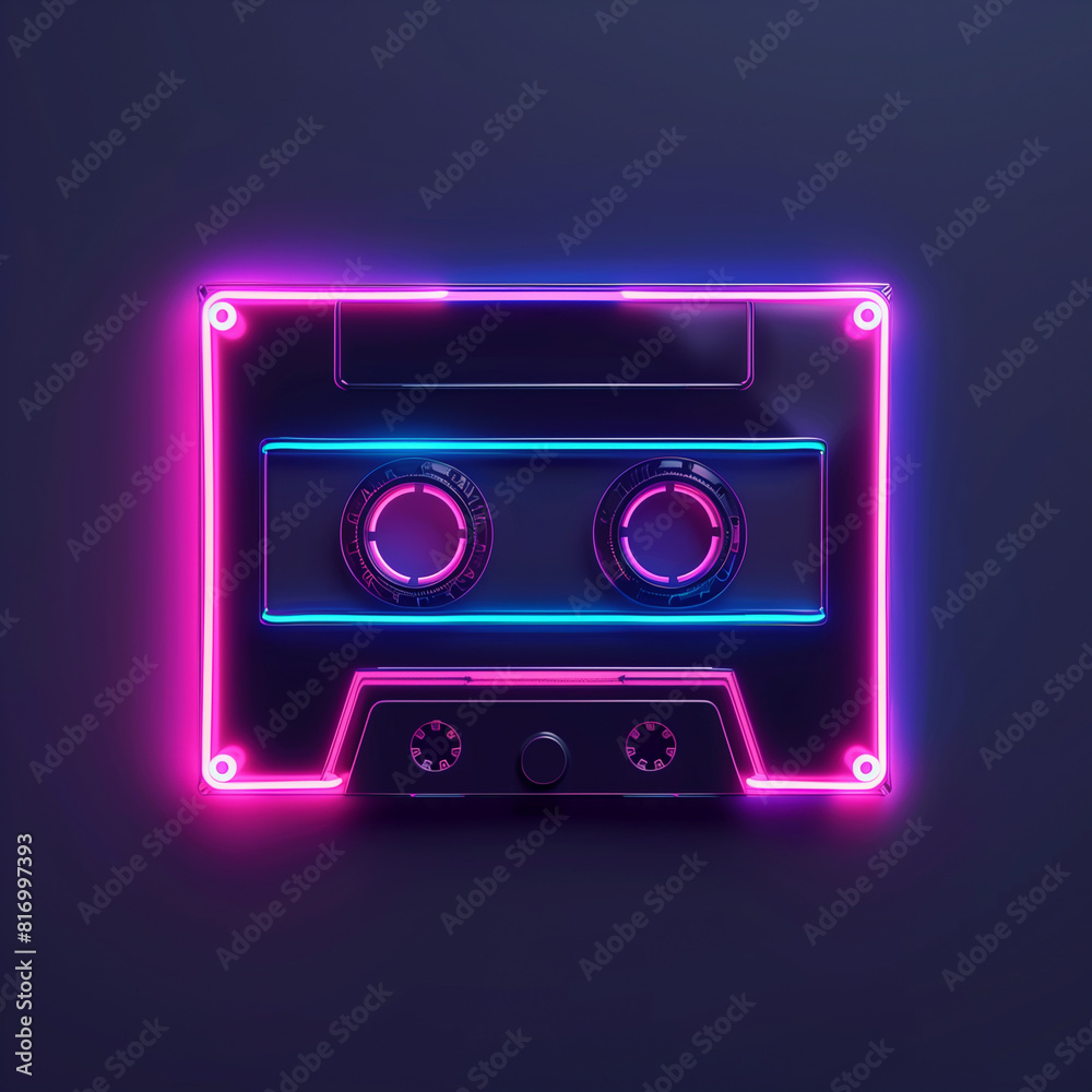 a vivid neon cassette design, reminiscent of the 90s era, serving as an emblem of nostalgia and the iconic audio cassette tape used for enjoying music, blending retro charm with contemporary allure.