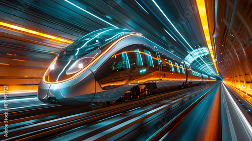 a futuristic high-speed train speeding through a brightly lit city tunnel at night. The design features sleek, modern aesthetics with reflective silver surfaces and neon accents