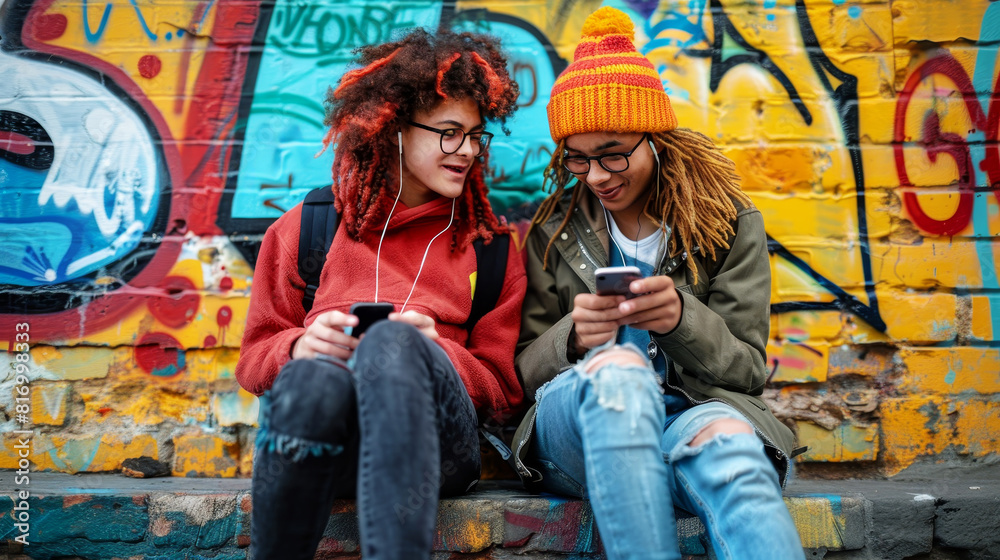 Obraz premium Two teenagers sharing earbuds and enjoying music together against a colorful graffiti wall