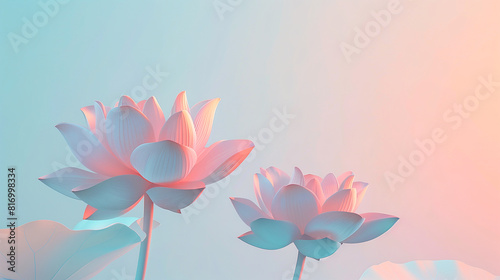 Pink lotus flowers in 3D surreal style on gradient holographic pink and blue background with copy-space for text. Background series for summer and spring floral.