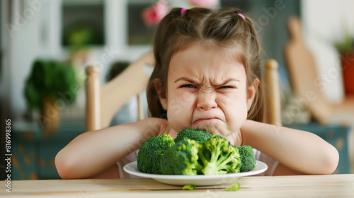 A young girl with a displeased facial expression sits at a table in front of a plate of broccoli, clearly unhappy about the healthy meal. photo