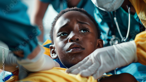Close-up of a worried child being attended by medical professionals wearing gloves and medical attire, highlighting healthcare and emergency medical care.