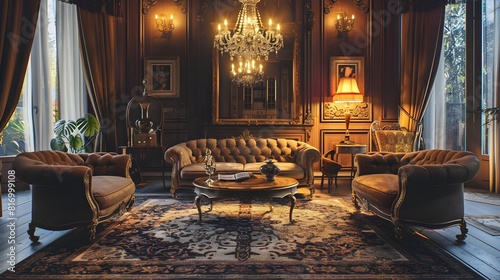 Elegant thCentury Victorian Living Area with Intricate Persian Rug and Ornate Chandelier photo